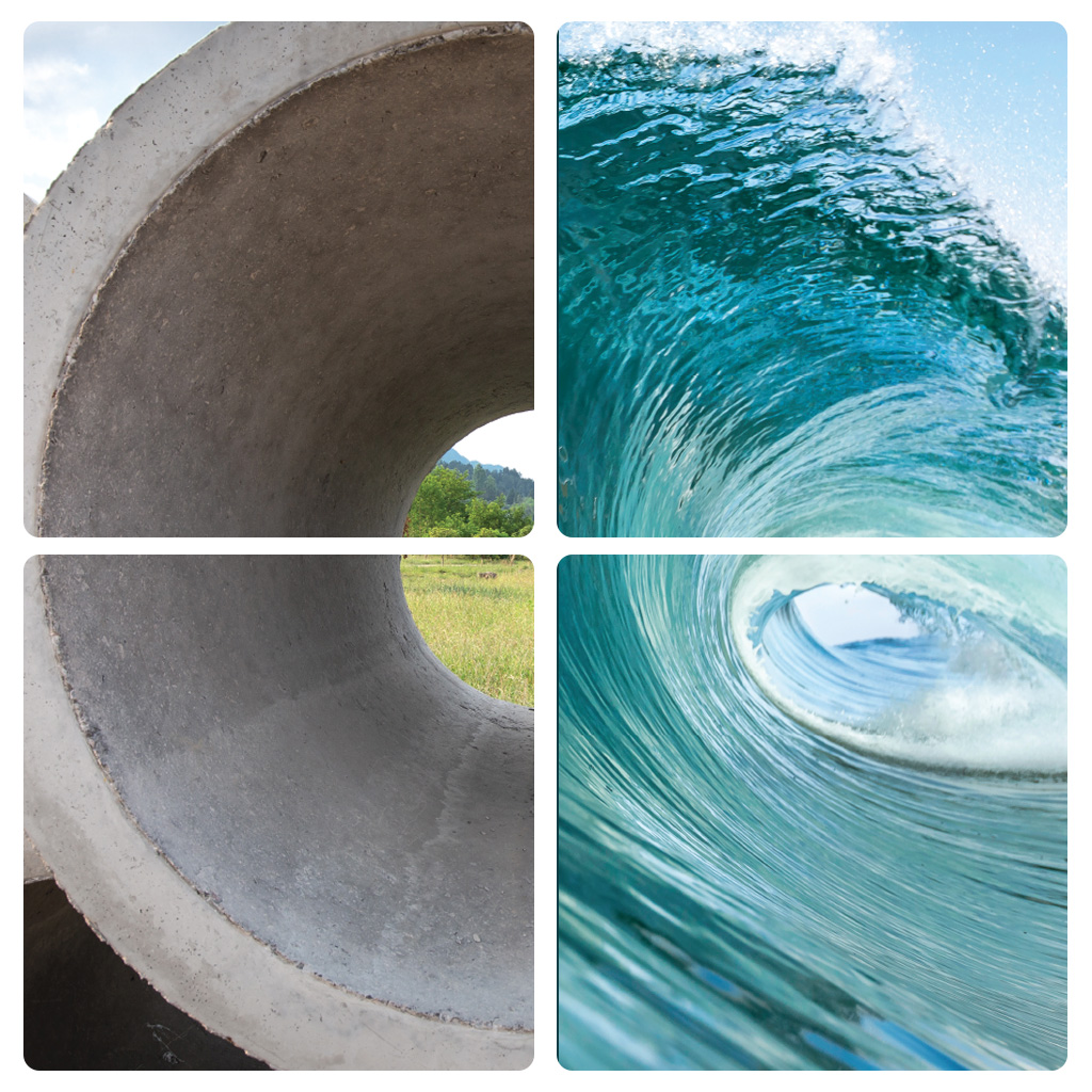 Photo collage of a drainage pipe and an ocean wave